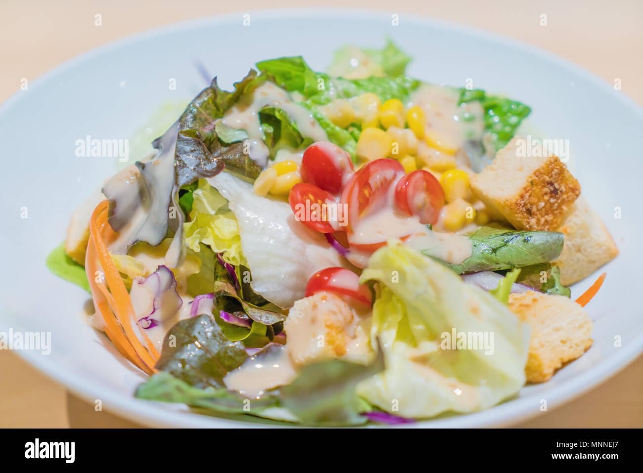 Salade fraîche avec du poulet, des tomates et des laitues mélangées (roquette, mesclun, mache) dans un bol blanc sur la table en bois. Alimentation saine. Banque D'Images