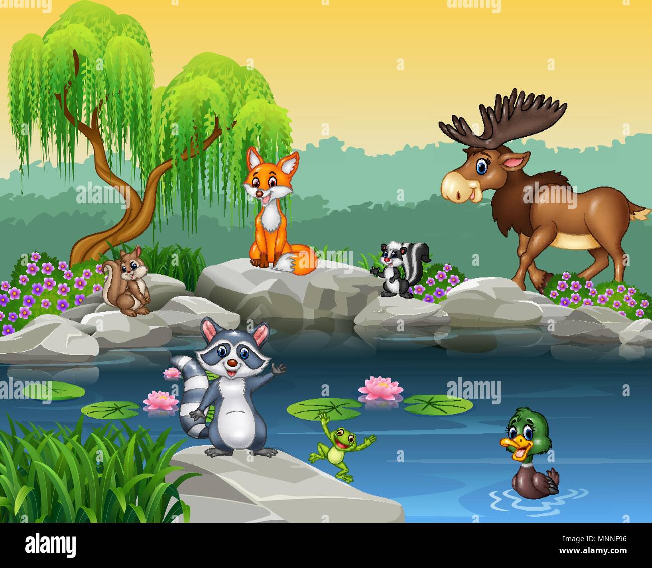 Funny Cartoon collection animale sur la belle nature background Illustration de Vecteur