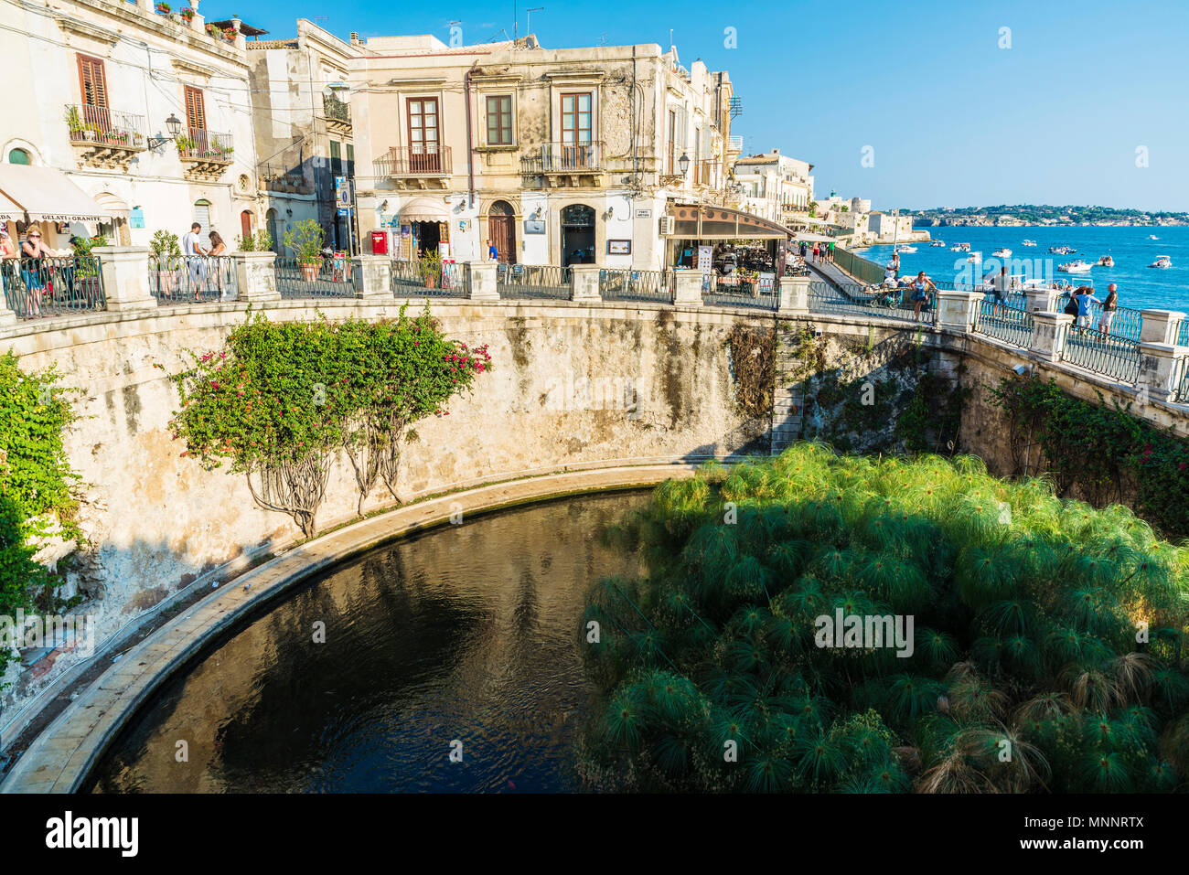 Syracuse, Italie - 17 août 2017 : Promenade et fontaine de Arethusa ( Fonte Aretusa) avec les gens autour de la vieille ville de la ville historique de Sira Banque D'Images