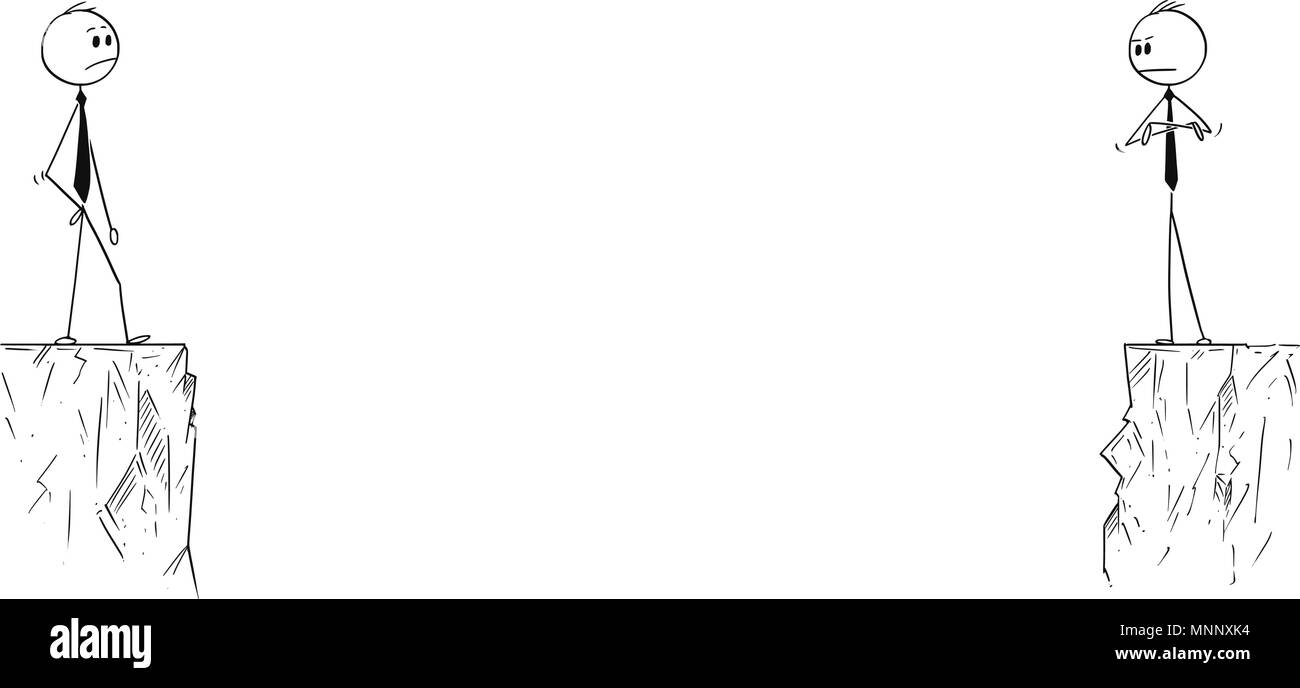 Caricature de l'entreprise concurrents ou partenaires divisé par le gouffre profond , à l'un l'autre à partir de la distance Illustration de Vecteur