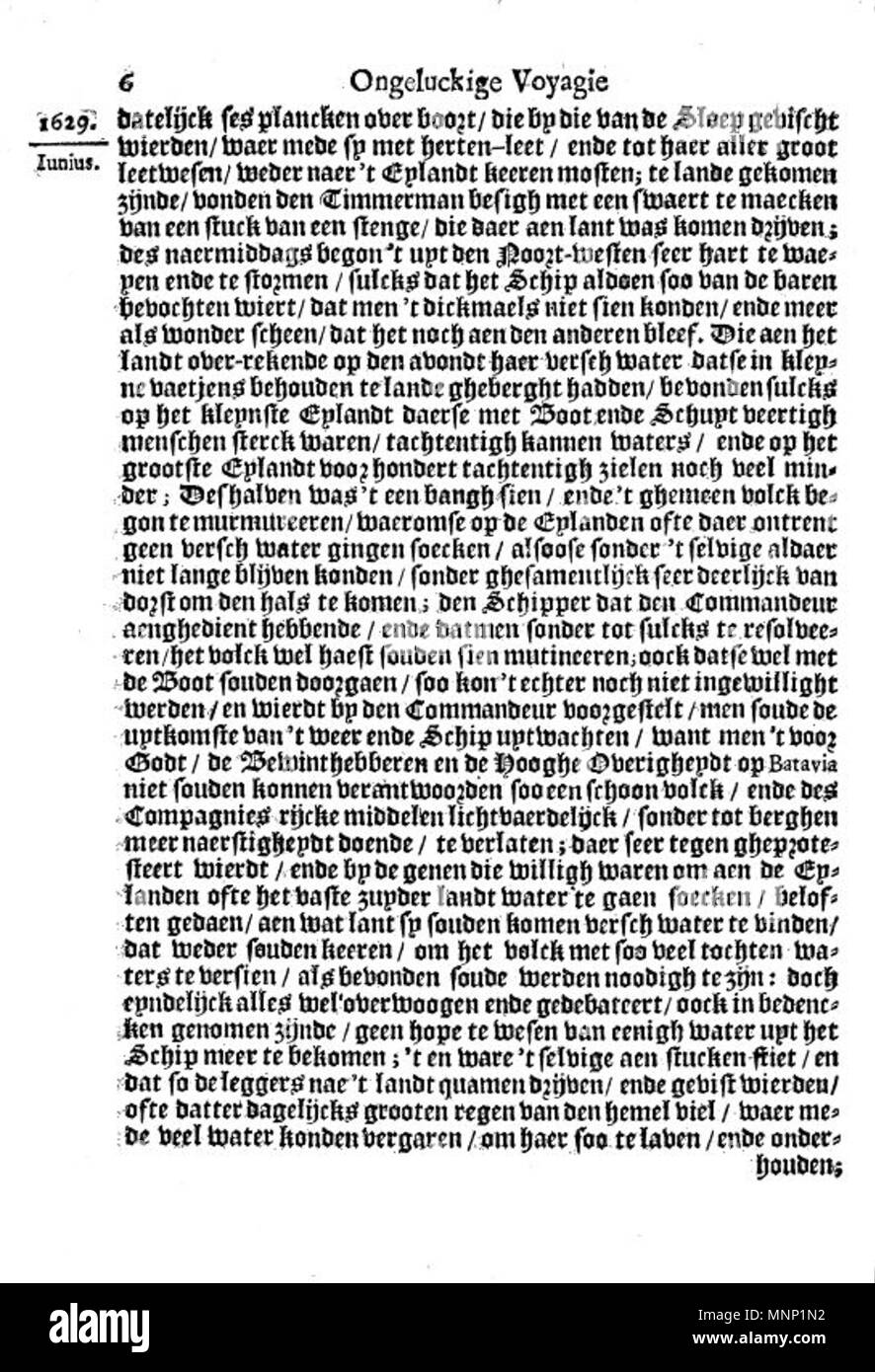 . Il s'agit d'une page à partir de la 1647 livre Ongeluckige voyagie néerlandais, van't schip Batavia ('Unlucky voyage du navire Batavia'). 1647. Le travail est nominalement par Jan Jansz, mais est en fait une troisième personne transposition du journal de Francisco Pelsaert. 942 Ongeluckige voyagie vant schip Batavia (page 6) Banque D'Images