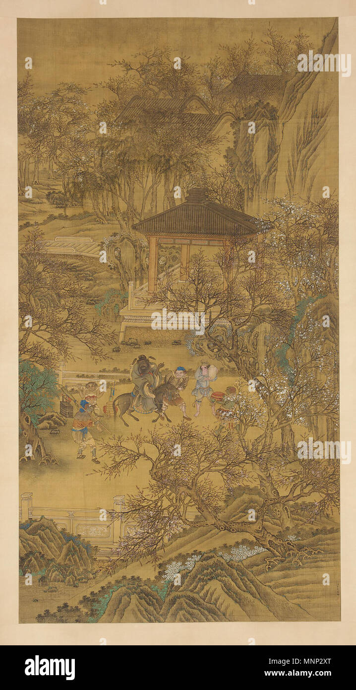 (Artiste) Hongwu, Chine, fin du xviiie siècle ; Hanging scroll ; l'encre et couleur sur soie ; H x W (image) : 237,5 x 126,8 cm (93 1/2 x 49 15/16 po) ; Don du Dr. Jack Light Zhong Kui, le démon Queller, patrouiller le Palais . 'Cette peinture montre un âne Zhong Kui et patrouiller les palace sous les pêchers en fleurs, qui ont une association avec le culte de l'immortalité, et donc d'une vie longue et saine. Le héros légendaire est accompagnée d'un cortège de démons subjugués, qui portent un pot de vin, brocade, coussin de boîtes d'aliments et d'un parapluie." - Freer Gallery of Art / ar Banque D'Images