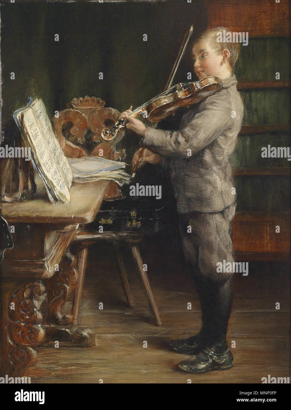 Garçon jouant du violon . Deutsch : Violine spielender Knabe, signiert O. Piltz, Öl auf Holz, 35 x 26,5 cm . en 1910. 949 Otto Piltz Violine spielender Knabe Banque D'Images