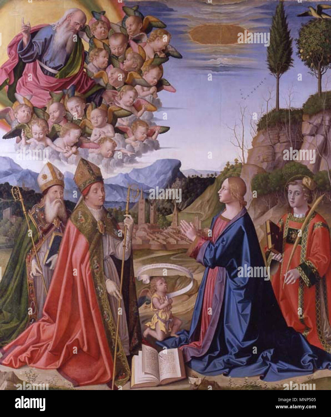 Immaculée Conception avec Dieu le Père et les Saints Anselm, Augustin, et Stephen . Concezione . 1510. 956 Palmezzano, concezione Banque D'Images