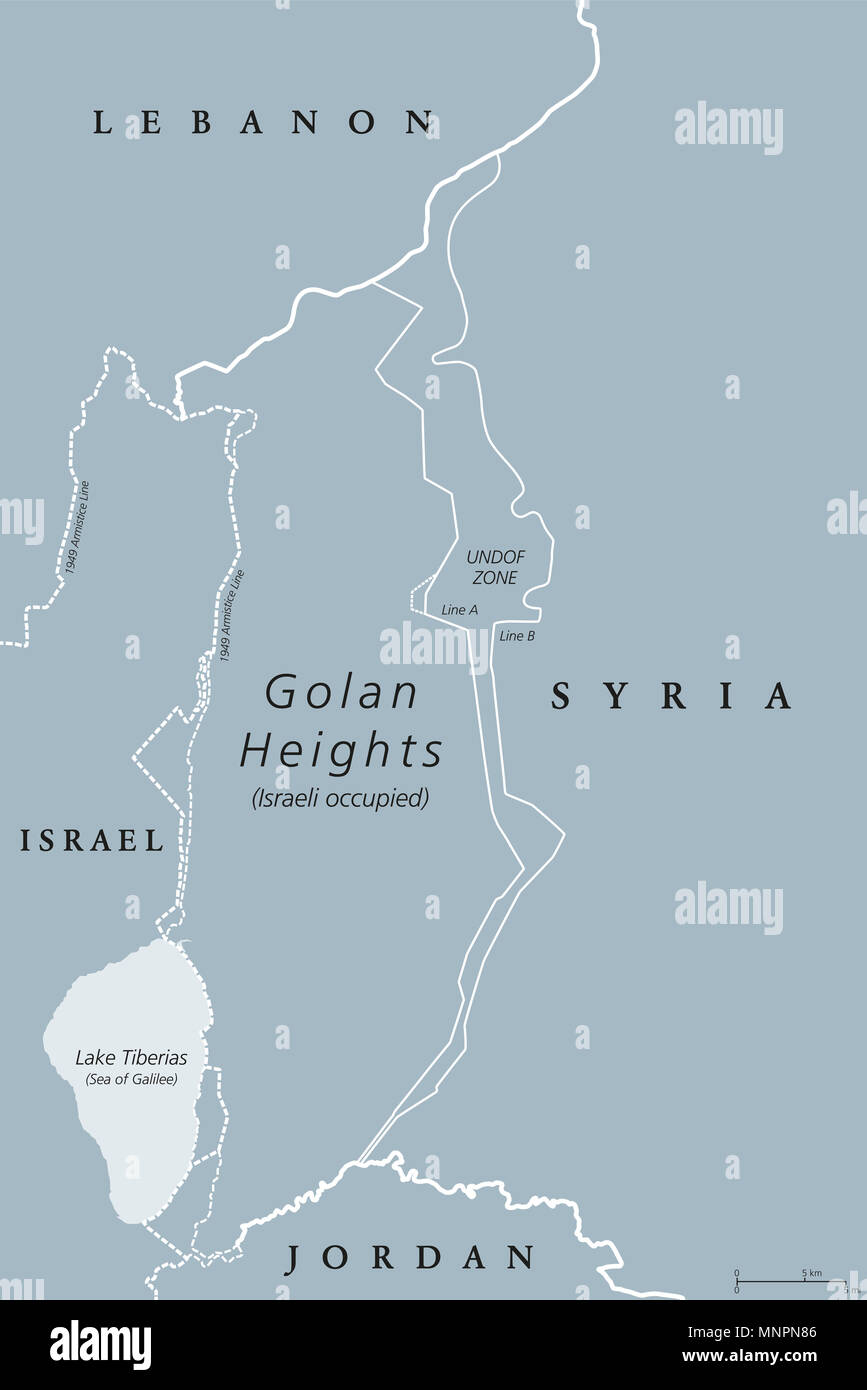 Golan. Une carte politique avec les frontières. Une région dans le Levant. Salon, capturées à partir de la Syrie et occupés par Israël. L'étiquetage en anglais. L'illustration. Banque D'Images