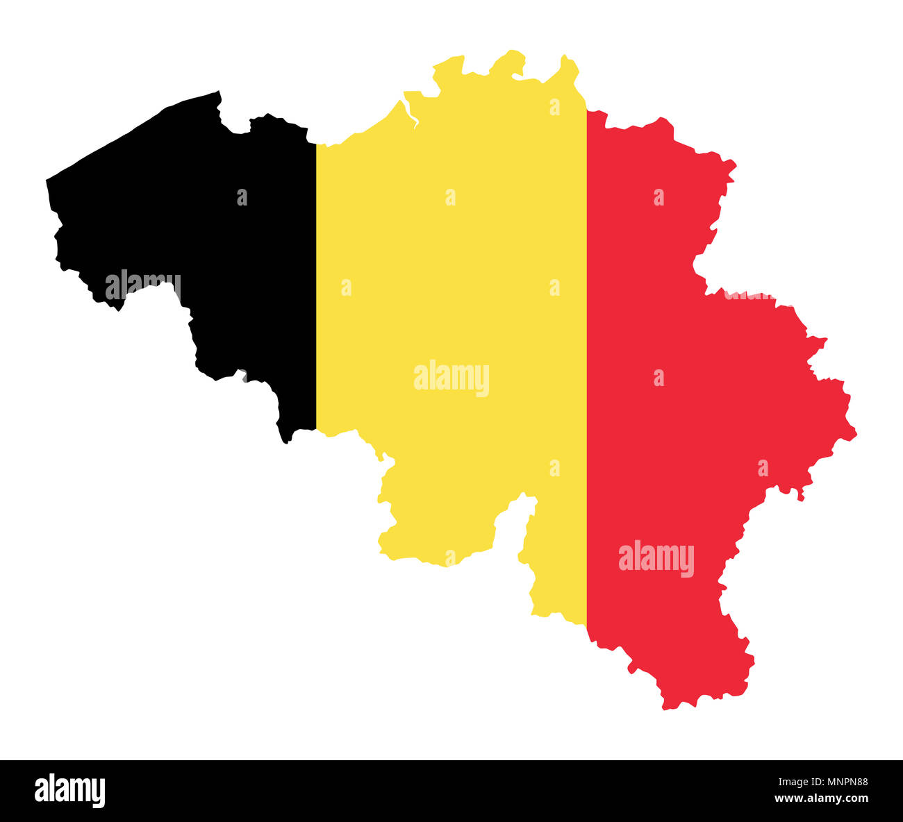 Drapeau du royaume de Belgique dans le pays d'ossature. Comme la masse continentale contours, dans la bannière de la nation. 3-vertical. Noir, jaune et rouge Banque D'Images