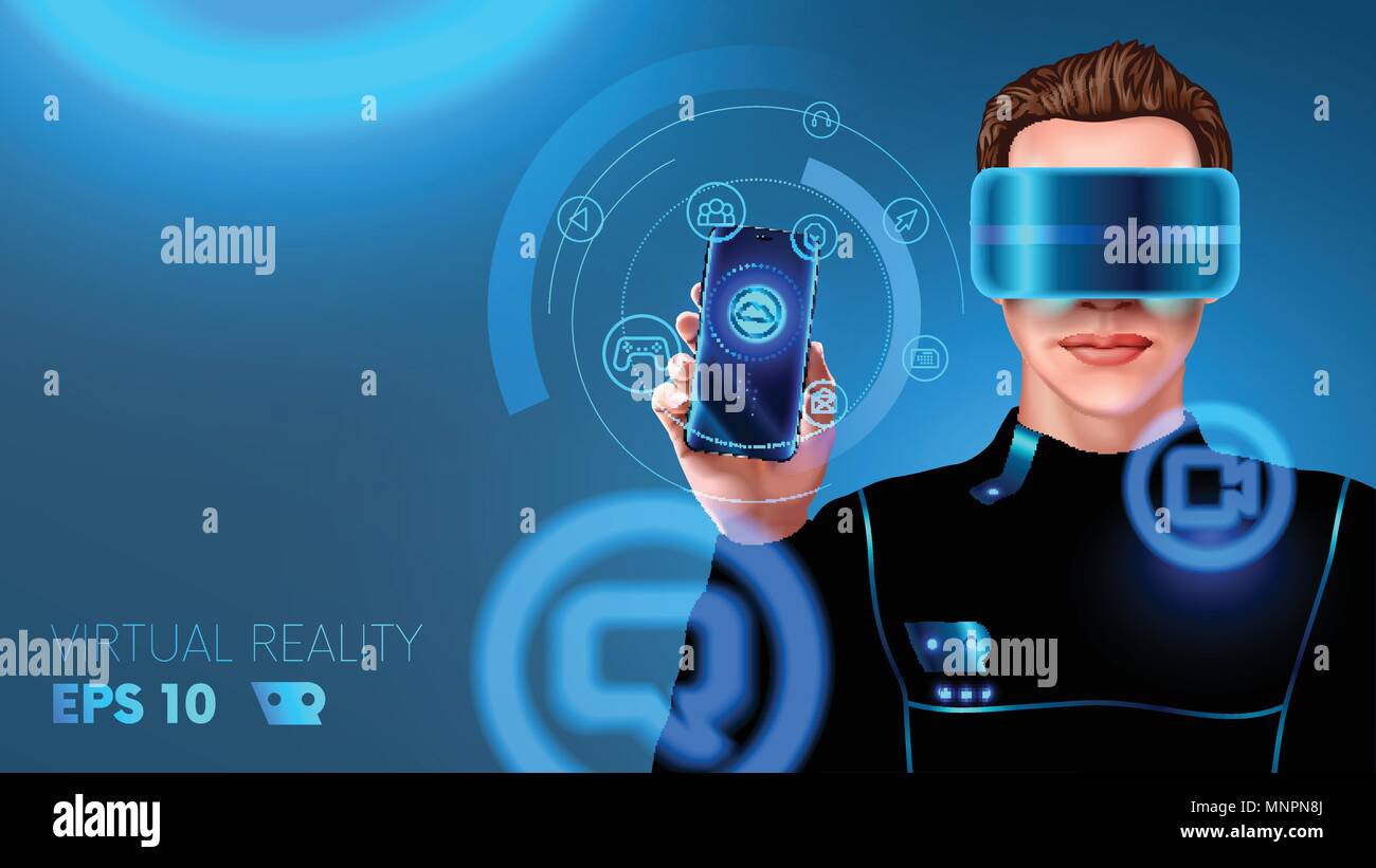 Un jeune homme dans un costume de cyber port casque de réalité virtuelle ou des lunettes et touche l'interface holographique. HUD. L'application de la réalité virtuelle Illustration de Vecteur