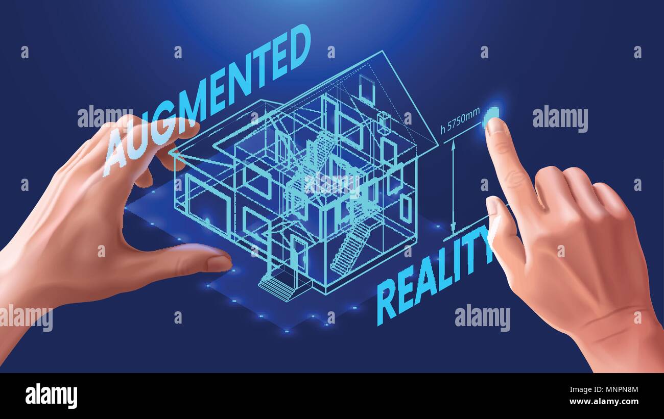 3D plan de maison. L'ingénieur utilise l'interface virtuelle de la réalité augmentée dans la conception architecturale de la maison. L'interface interactive virtuelle c Illustration de Vecteur