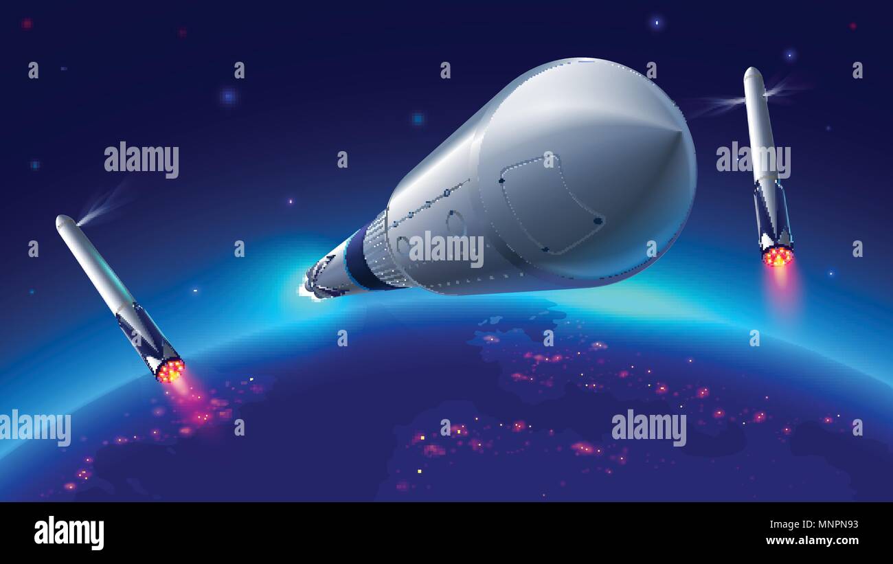 Réutilisable lourd lancer des fusées dans l'espace. Étapes de séparation de roquettes lourdes. Stade réutilisables rocket retour à la terre. Le vaisseau s'allume à la terre. Illustration de Vecteur Réutilisable lourd lancer des fusées dans l'espace. Étapes de séparation de roquettes lourdes. Stade réutilisables rocket retour à la terre. Le vaisseau s'allume à la terre. Illustration de Vecteur