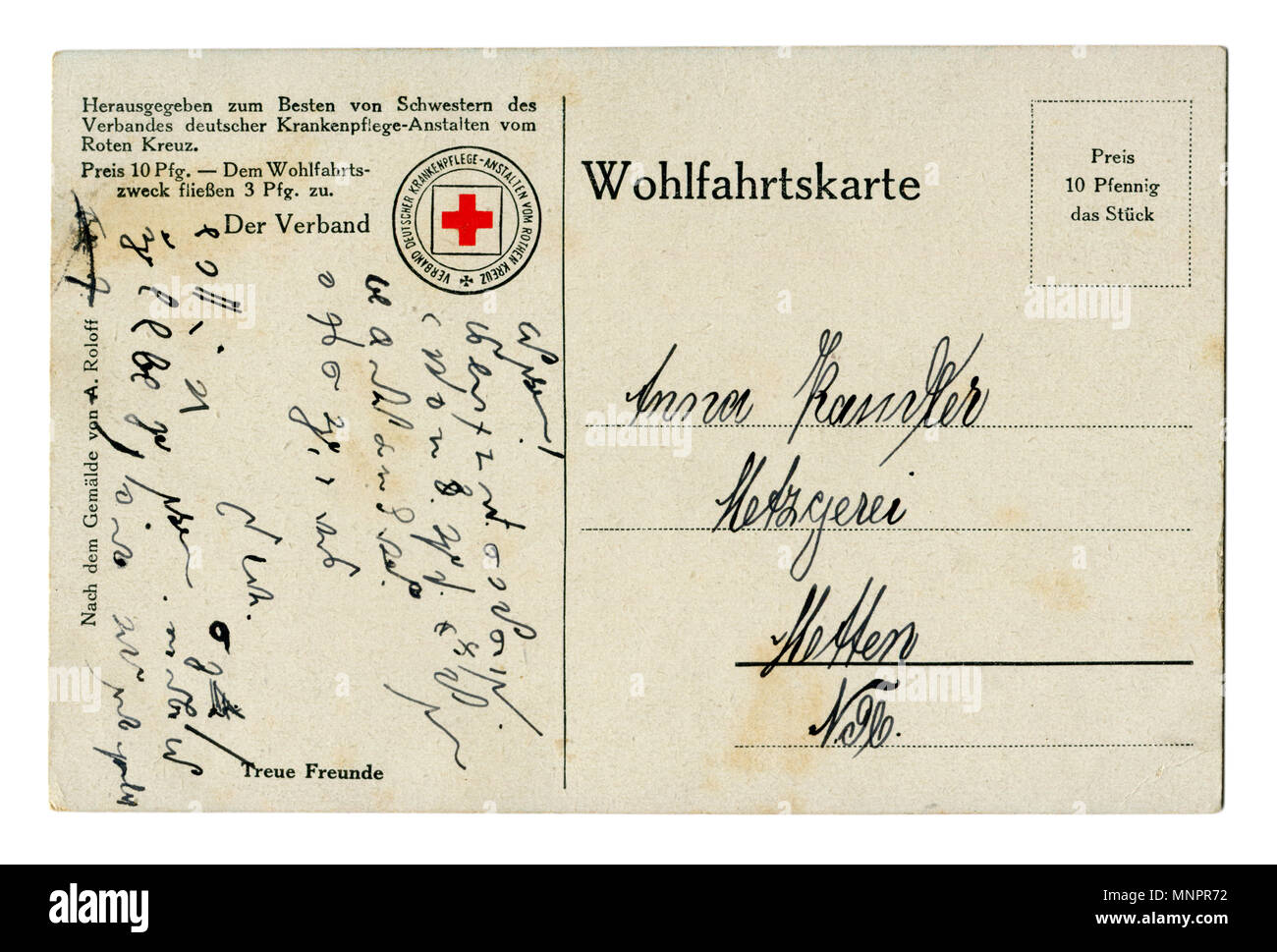 Retour de l'ancien monde allemand première guerre mondiale carte postale (MNPR6Y) un lettre écrite à l'encre noire. Croix Rouge, 1914-1918, l'Allemagne, la première guerre mondiale Photo Stock - Alamy