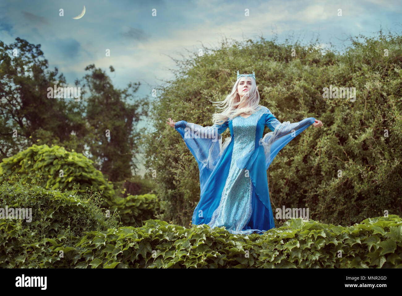 Femme elfe évoque dans une forêt féerique, elle est vêtue d'une robe antique. Banque D'Images