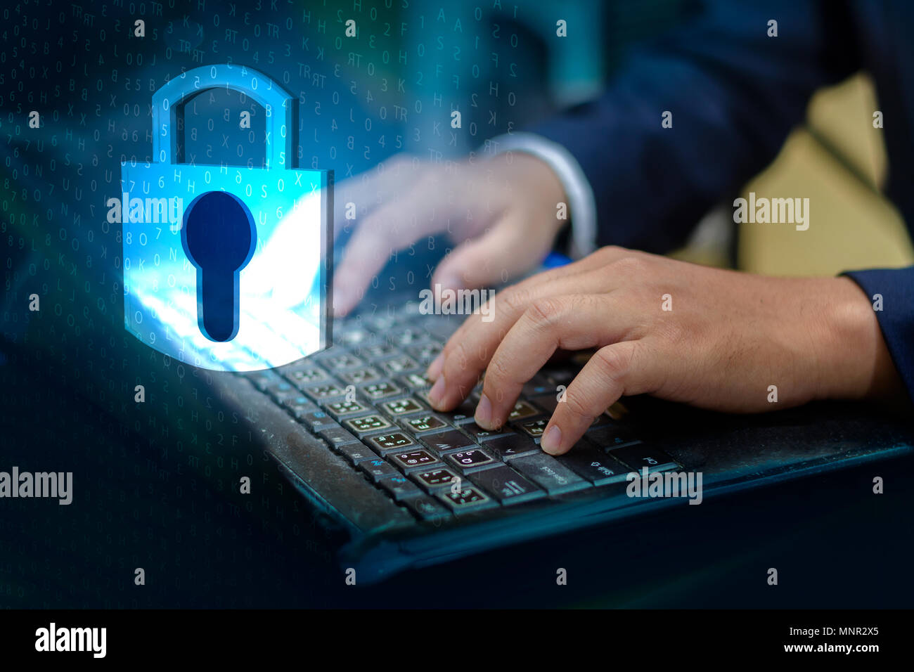 Appuyer sur le bouton Entrée sur l'ordinateur. Système de sécurité verrouillage par clé abstract technology world digital link cybersécurité le hi tech fond bleu foncé, en Banque D'Images