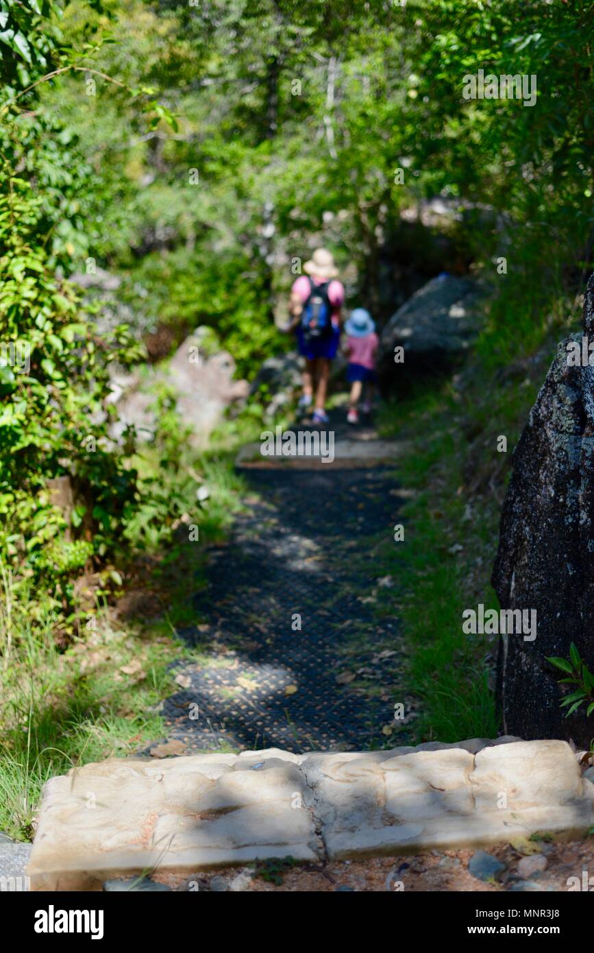 Une mère et des enfants à pied le long d'un chemin dans une forêt, Jourama Falls, Bruce Hwy, Yuruga France Banque D'Images