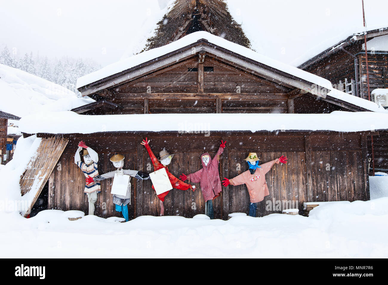 Funny épouvantails à l'historique village japonais Shirakawa-go à l'hiver, l'un des sites du patrimoine mondial de l'UNESCO Banque D'Images