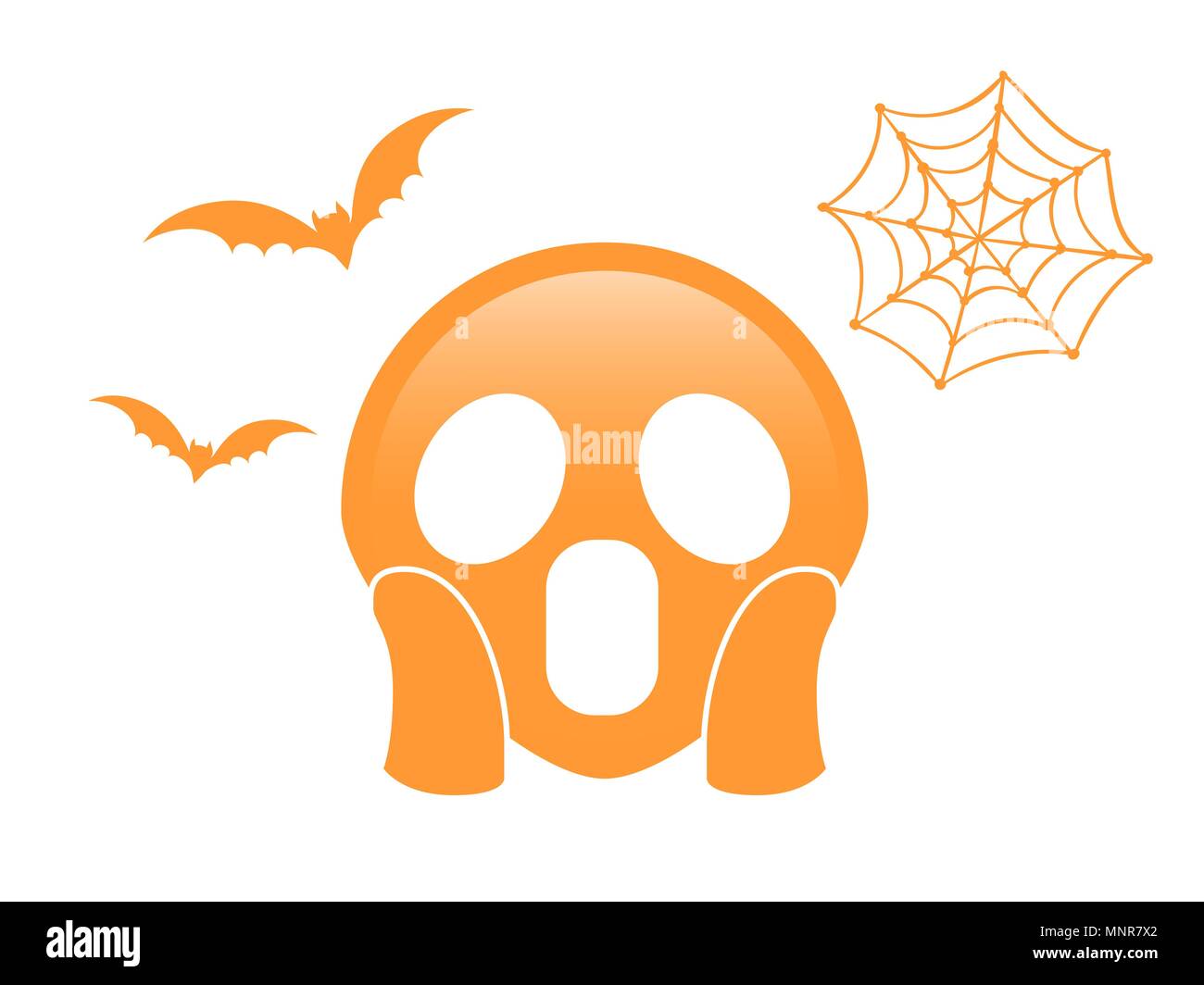 L'orange isolé et effrayant effrayant visage télévision icône avec flying bat et net spider Illustration de Vecteur
