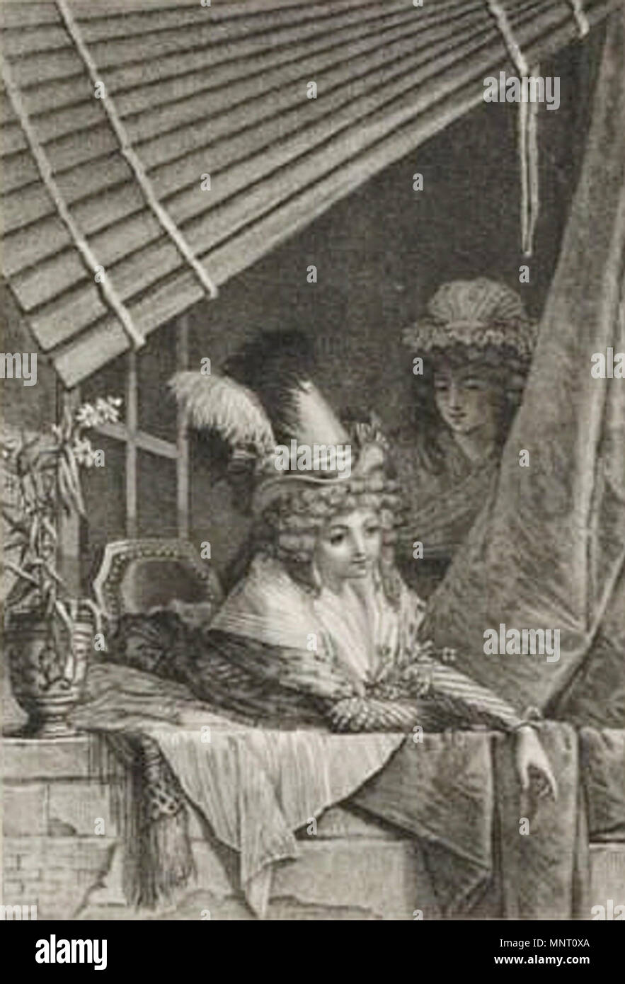 Par ici !... Tiré du cabinet du citoyen Darlet . English : prostituées de Paris pendant la Révolution, 1793-1795. Pointillé de Jacques-Louis Copia d'après Jean-Baptiste Mallet. Collection Michel Hennin. Estampes relatives à l'Histoire de France. Estampe signalée par Roger Portalis et Henri Ainhoa Village classée dans les graveurs du dix-huitième siècle, Paris, Damascène Morgand et Charles Richard Théroux, 1880-1882, t. 1, p. 587, à l'article " COPIA (Jacques-Louis) " sous le titre " Chit ! Chit ! - Par ici ! ". English : 'cette façon !" des prostituées à Paris pendant la période révolutionnaire, 1793-1795. Gravure crépi Banque D'Images
