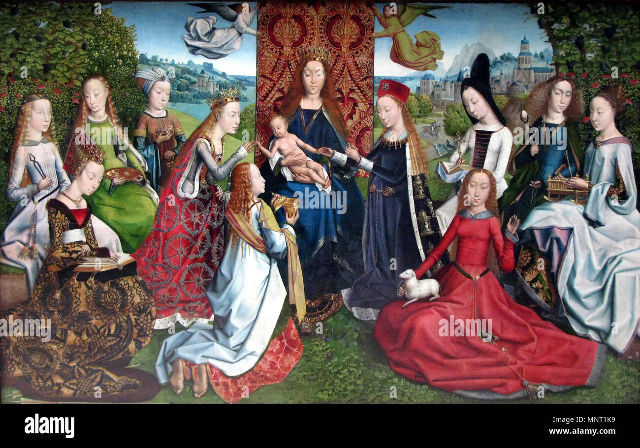 Latina : Virgo inter Virgines English : La Vierge parmi les vierges . Anglais : La Sainte Vierge entourée par d'autres saints, vierges de gauche à droite, avec leurs attributs mis en relief : l'extrême gauche), Apollina en blanc, est titulaire d'une dent avec une paire de pinces. (Avant) Ursula, dans un noir et or robe, lit un livre. Une flèche est sous sa jupe, et une autre flèche sur le bord inférieur du tableau. (Arrière) Lucy, en vert, est titulaire d'une plaque dorée contenant deux globes oculaires. (Arrière) Dorothy( ?)[1] est titulaire d'une couronne dans une main et une cloche dans un autre. Catherine, couronné, a mis un anneau sur son doigt par le bébé Je Banque D'Images