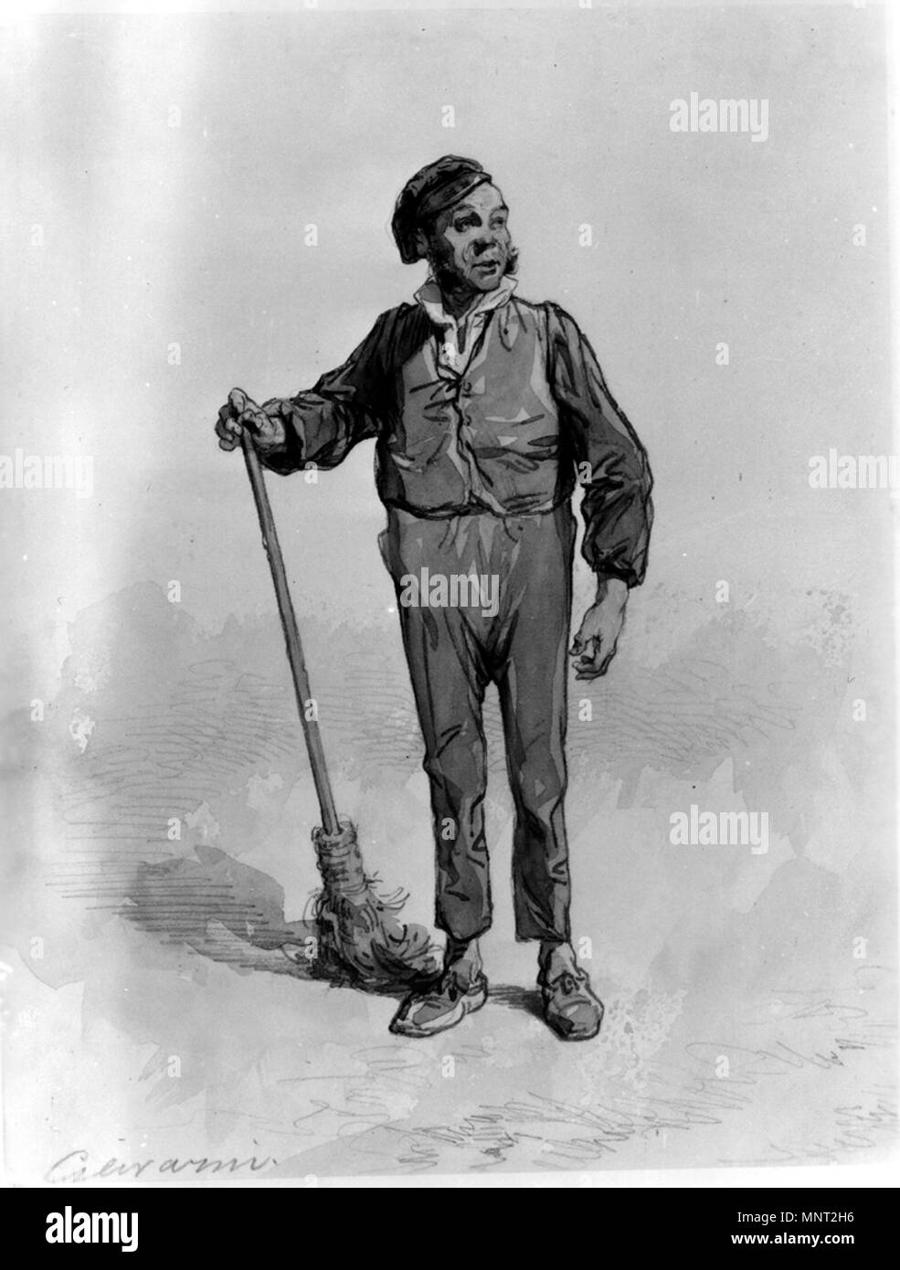 Paul Gavarni (Français, 1804-1866). "L'homme avec un balai," 1855-1857. Aquarelle et encre laver avec de la crème blanche sur, modérément épais, légèrement texturé papier vélin. Walters Art Museum (37,1426) : Acquis par William T. Walters. 37,1426966 Paul Gavarni - Man with Broom - Walters 371426 Banque D'Images