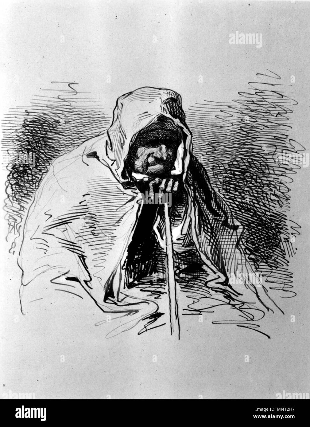 Paul Gavarni (Français, 1804-1866). 'Vieille Dame au Châle rouge', 1852-1866. De l'encre ferro-gallique encre rouge et blanc avec surélévation sur brown, modérément épais, légèrement texturé papier vélin. Walters Art Museum (37,1428) : Acquis par William T. Walters. 37,1428966 Paul Gavarni - Vieille Dame au Châle rouge - Walters 371428 Banque D'Images