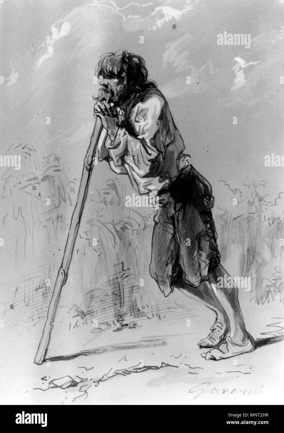Paul Gavarni (Français, 1804-1866). 'Paysan s'appuyant sur un bâton,' 1859-1865. Aquarelle, encres de couleur, graphite et blanc avec dessin en surélévation sur brown, modérément épais, papier vélin texturé. Walters Art Museum (37,1453) : Acquis par William T. Walters, 1865. 37,1453966 Paul Gavarni - Paysan s'appuyant sur un bâton - Walters 371453 Banque D'Images