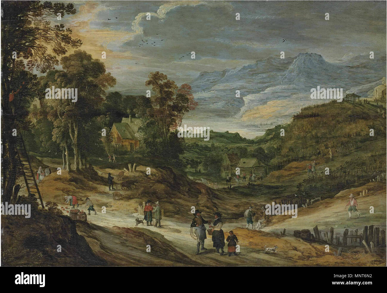 Anglais : un paysage boisé avec des chalets, des figures la cueillette des pommes, les montagnes au loin entre 1620 et 1675. 982 Philippe de Momper - un paysage boisé avec des chalets, des figures la cueillette des pommes, les montagnes au loin Banque D'Images