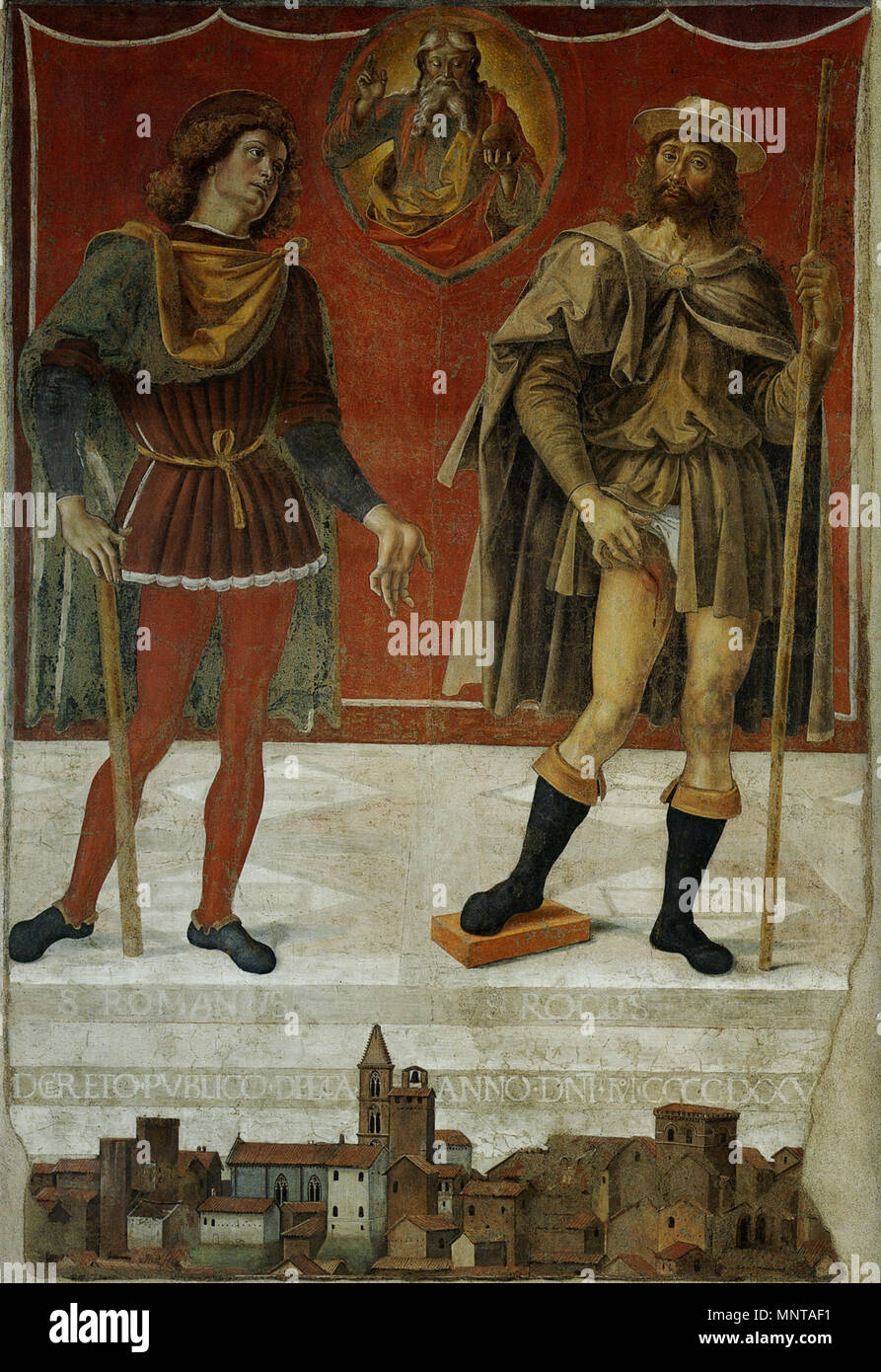 Le Père Éternel bénir les Saints Roch et Romain . Pietro Perugino : I Santi Romaneo Rocco e con l'Eterno benedicente e veduta di Deruta. No de cat. 10 à Vittoria Garibaldi : Perugino. Catalogo completo. Octavo, Firenze 2000, ISBN 88-8030-091-1 . circa 1476-78. 997 Pietro Perugino cat10 Banque D'Images