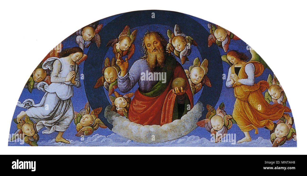 Eterno con Benedicente cherubini e angeli . Polittico di San Pietro . Entre 1496 et 1500. 997 Pietro Perugino cat48d Banque D'Images