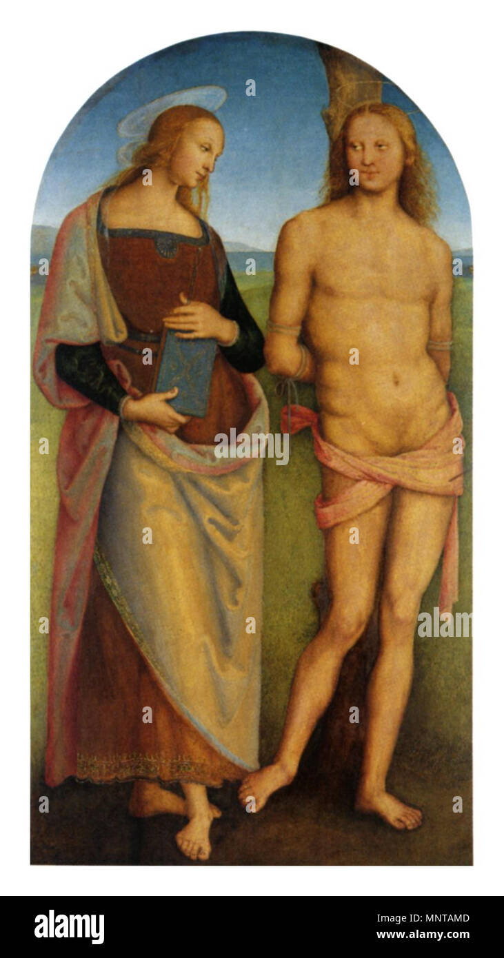 Sainte Irène et Saint Sébastien . La Pala di Sant'Agostino (Sant'Irene e San Sebastiano) . Entre 1512 et 1523. 998 Pietro Perugino cat87g Banque D'Images