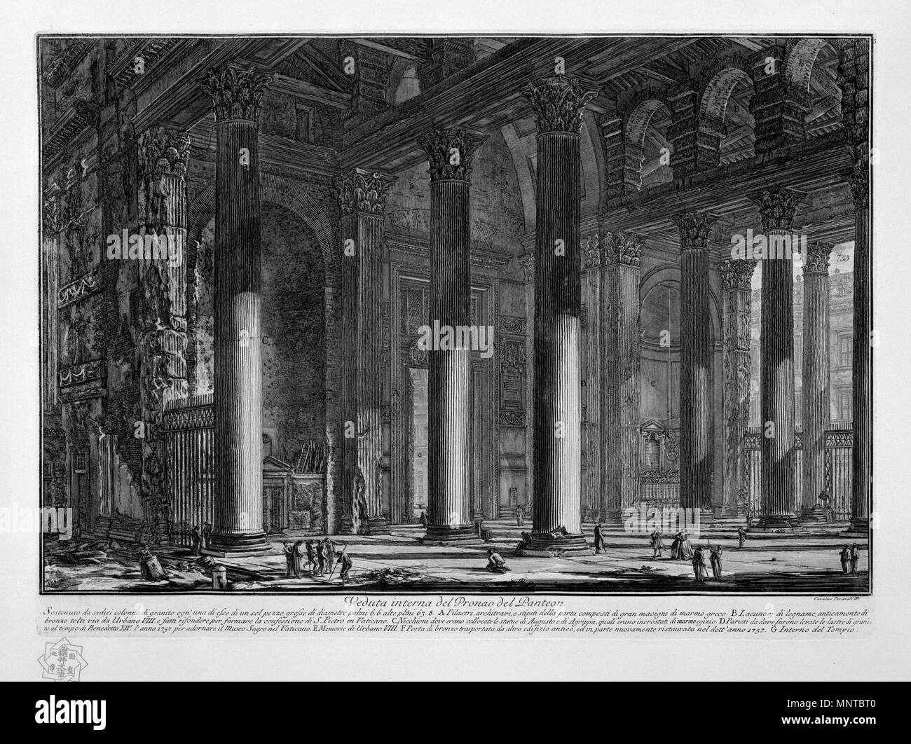 Italiano : Veduta interna del Pronao del Panteon. Sostenuto da sedici colonne di granito ogn' una di esse di un sol pezzo, grosse di palmi diametro 6.6. alte plmi 63,8. Un Pilastri, architravi, e stipiti della Porta di composti gran macigni di marmo greco. Lacunarj B di Legno di bronzo tolti anticamente via da Urbano VIII e fatti par rifondere formare la confessione di S. Pietro in Vaticano. C Nicchioni dove il regroupe le statue di Augusto e di Agrippa, il incrostati quali egizio di marmo. D Parieti da dove furono le levate Lastre di granito al tempo di Benedetto XIV. l' anno 1757. p Banque D'Images