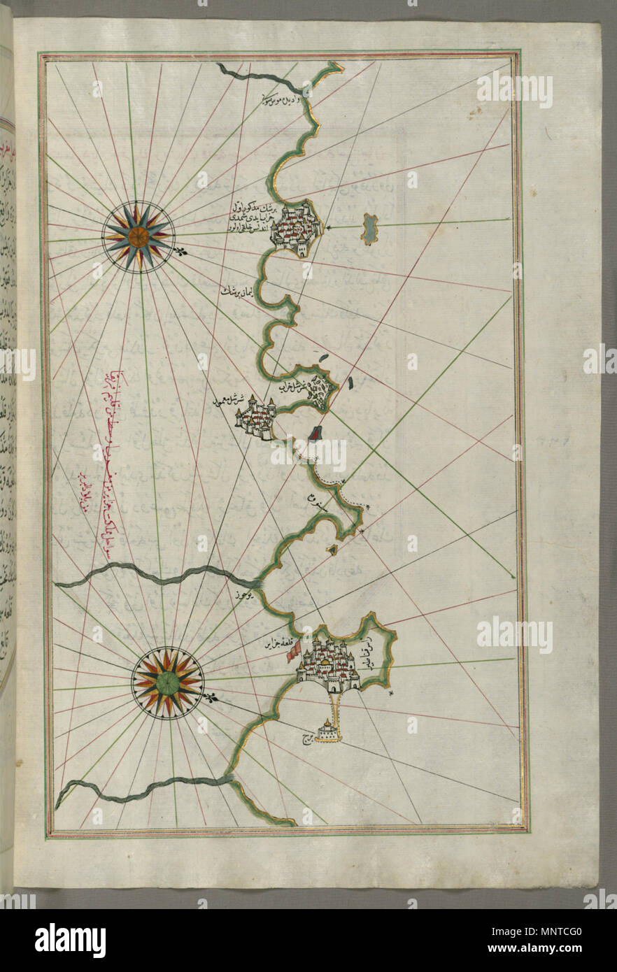 (En turc Piri Reis, 1465-1555). 'Feuille à partir du livre sur la navigation, l' 17ème-18ème siècle. l'encre, la peinture, et l'or sur papier. Walters Art Museum (W.658.270B) : acquis par Henry Walters. W.658.270b 1003 - carte de Piri Reis la côte algérienne d'Alger - Walters W658270B - Page complète Banque D'Images