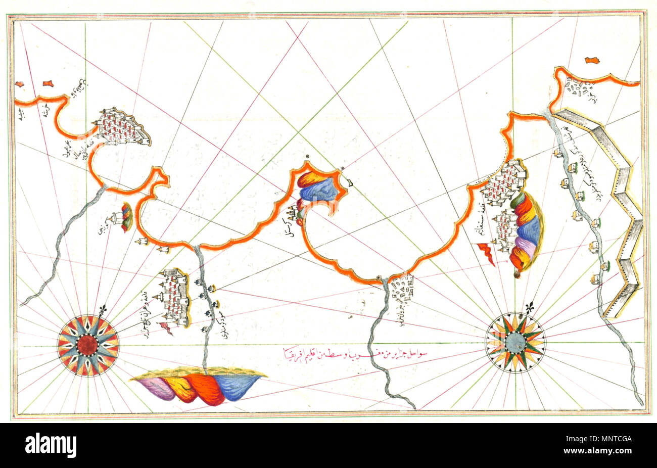 Carte de la côte algérienne autour d'Oran et de Mostaganem . Anglais : Ce folio de Walters manuscrit W.658 contient une carte de la côte algérienne autour d'Oran (Wahran) et Mostaganem (Mustaghanim). . Fin du xie siècle AH/AD 17e siècle-début 12e siècle AH/AD 18ème siècle (période ottomane (1281-1924)). 1003 - carte de Piri Reis la côte algérienne autour d'Oran et de Mostaganem - Walters W658268B - Page complète Banque D'Images