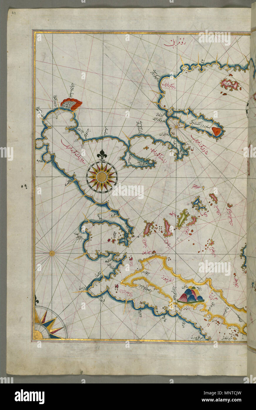 (En turc Piri Reis, 1465-1555). 'Feuille à partir du livre sur la navigation, l' 17ème-18ème siècle. l'encre, la peinture, et l'or sur papier. Walters Art Museum (W.658.63A) : acquis par Henry Walters. W.658.63un Piri Reis 1003 - Carte du littoral de l'ouest de la mer Égée au sud, jusqu'à l'île d'Eubée - Walters W65863A - Page complète Banque D'Images