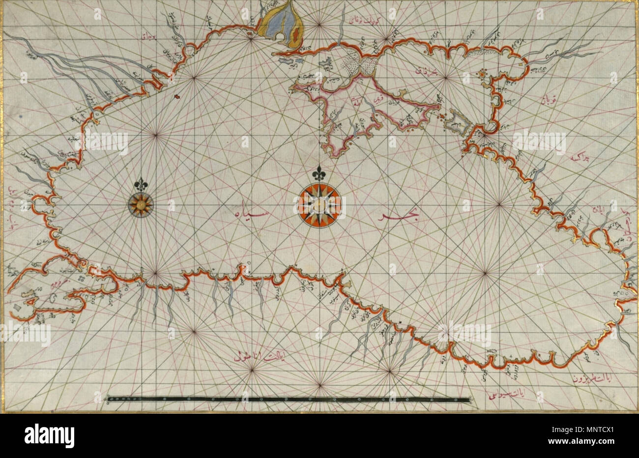 . Anglais : Initialement composée en 932 AH/AD 1525 et dédiée au Sultan Süleyman I ('Le Magnifique"), ce grand travail de Piri Reis (d. 962 AH/AD 1555) sur la navigation a été révisé et élargi. Walters manuscrit W.658, fait le plus souvent à la fin du xie siècle AH/AD 17, est basée sur la dernière version développée et a quelques 240 cartes et exécutés de façon exquise portolan graphiques. Ils comprennent une carte du monde (fol. 41a) avec les grandes lignes des Amériques, ainsi que des cartes des côtes (baies, capes, les péninsules), des îles, des montagnes, et les villes de la Méditerranée et de la mer Noire. Le travail démarre w Banque D'Images