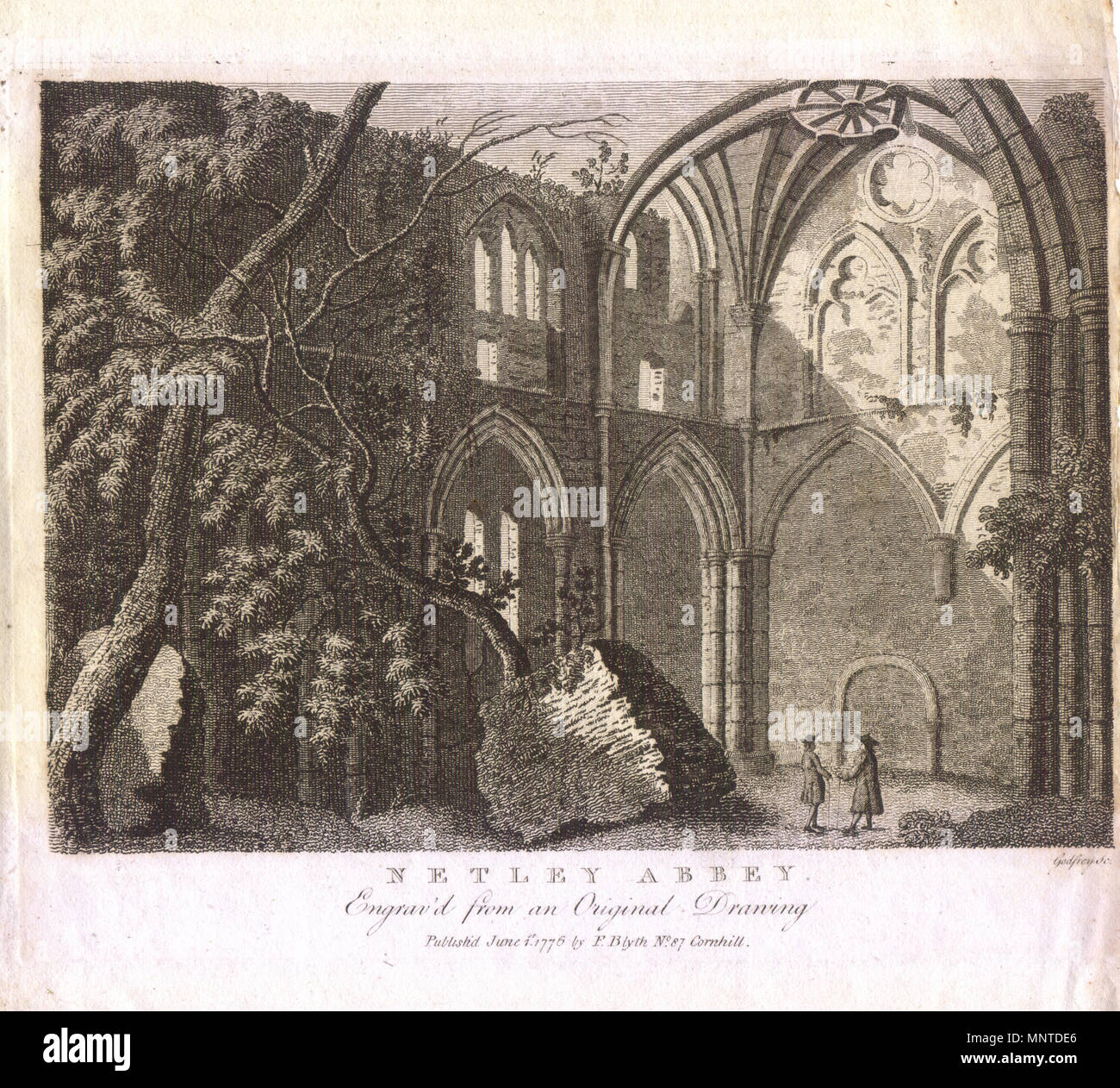 . Anglais : une paire de messieurs visitez les ruines de transept sud en 1776. Il est particulièrement intéressant de la haute voûte de l'église, qui depuis a effondré. Juin 1776. Feyriesoph gravée par Richard Godfrey, publié par F de Blyth 87 Cornhill, Londres. Transept1776 1203 Banque D'Images