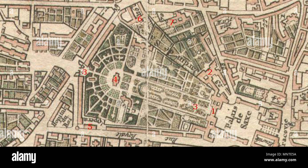 . Anglais : Plan du jardin Saxon (Jardin de Saxe) à Varsovie. Caractéristiques : 1. Palais de Saxe. 2. Palais Brühl. 3. Jardin de sculptures. 4. La grande beauté. 5. Théâtre de cour (soi-disant) Operalnia. 6. Le Blue Palace. 7. L'église de Saint-Antoine de Padoue. 8. La porte de fer. Polski : Saskiego Plan Ogrodu w Warszawie : 1. Pałac Secesja 2. Pałac Brühla 3. rzeźby ogrodowe 4. Wielki Salon 5. Teatr dworski (Operalnia) 6. Pałac Błękitny 7. Kościół św. Antoniego Padewskiego 8. Brama Żelazna . vers 1781. Rizzi Zanoni 1009 Saskiego Plan Ogrodu Banque D'Images