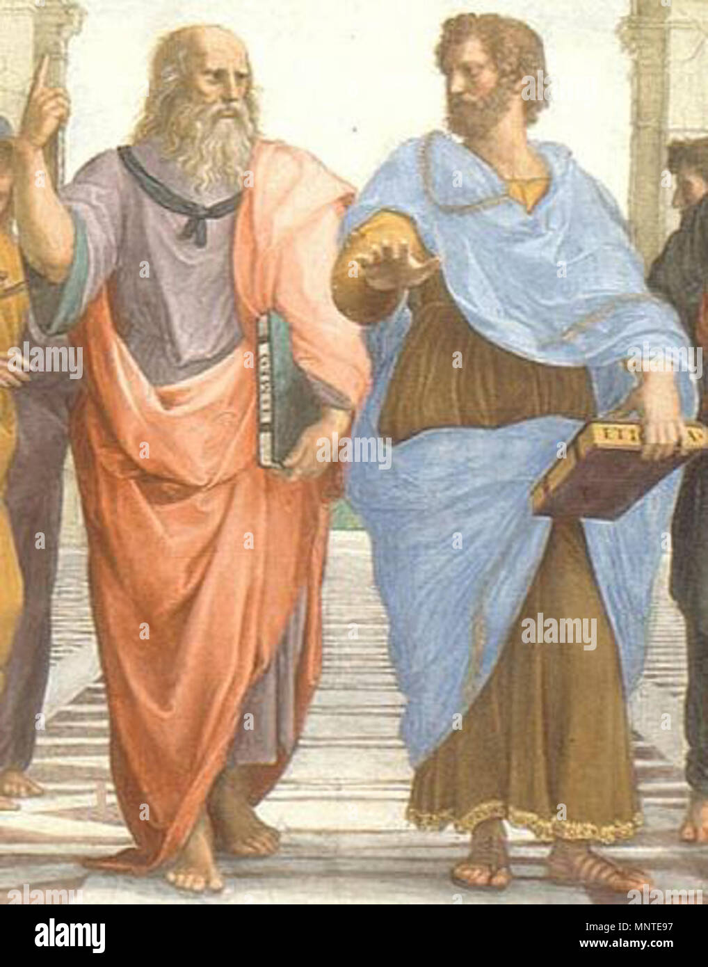 Anglais : l'École d'Athènes de Raphaël Sanzio, , 古代ギリシア時代を中心とした哲学的叡智が集結している姿を描いている ラファエロの 日本語 :、アテナイの学堂 の中心的なパートにあたるアリストテレスとプラトンの部分。«« 哲学の大元を作った二人の描いたこの部分は、しばしば を端的に表しているものとして採り入れることがある。«« 哲学 Polski : Szkoła ateńska lewej : Platon (z) j'Arystoteles (z) prawej Türkçe : Atina Okulu'les fatals picards Mavi Ev (ve) Aristo'yu (sağ) gösteren bir ayrıntı . Détail montrant Platon (à gauche), pointant vers le haut pour les idéaux, et Aristote (à droite), en allant vers le monde physique. 1509. 1009 Platon et Aristote dans l'École d'Athènes, par l'italien Rafael Banque D'Images