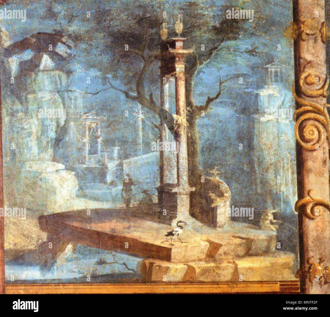 . Italiano : L'fresque che ritrae una Piattaforma quadrata con porta sacra, albero e personaggi vari, rinvenuto nell'Ekklesiasterion del Tempio di Iside a Pompei, è esposto nel Museo Archeologico Nazionale di Napoli (inv. 8575) (cat. 1.62). Anglais : Paysage avec Ibis. Fresque romaine du temple d'Isis à Pompéi. Museo Archeologico Nazionale (Naples) Deutsch : Landschaft mit Ibis im Vordergrund. Römisches Fresko aus dem Tempel der Isis dans Pompeji. Museo Archeologico Nazionale (Napoli) (inv. n° 8. 8575). 13 mars 2009. WolfgangRieger 1012 Pompéi - Temple d'Isis 2 - Homme Banque D'Images