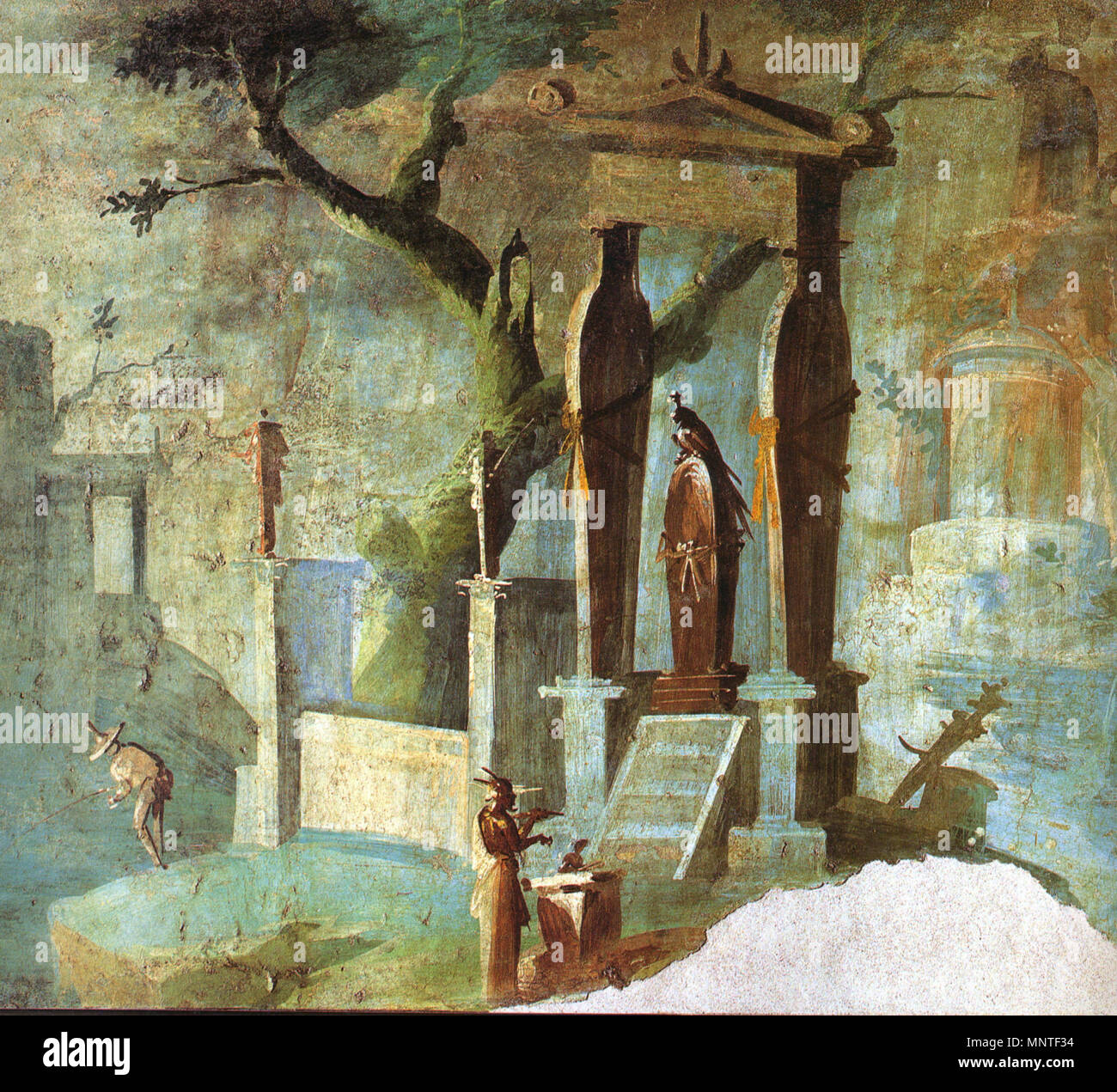 . Italiano : L'fresque che ritrae Isolotto onu con tempietto contenente il Armande Altaï di e Osiride sacerdote officiante, nell'Ekklesisterion rinvenuto del Tempio di Iside a Pompei, è esposto nel Museo Archeologico Nazionale di Napoli (inv. 8570) (cat. 1.68). Anglais : Paysage avec Fisher et un prêtre qui offre à l'avant du sarcophage d'Osiris. Fresque romaine du temple d'Isis à Pompéi. Museo Archeologico Nazionale (Naples) (inv. n° 8. 8570). Deutsch : Landschaft mit vor dem opferndem Priester und Osiris des Sarkophag Fischer. Römisches Fresko aus dem Tempel der Isis dans Pompeji. Museo Arc Banque D'Images