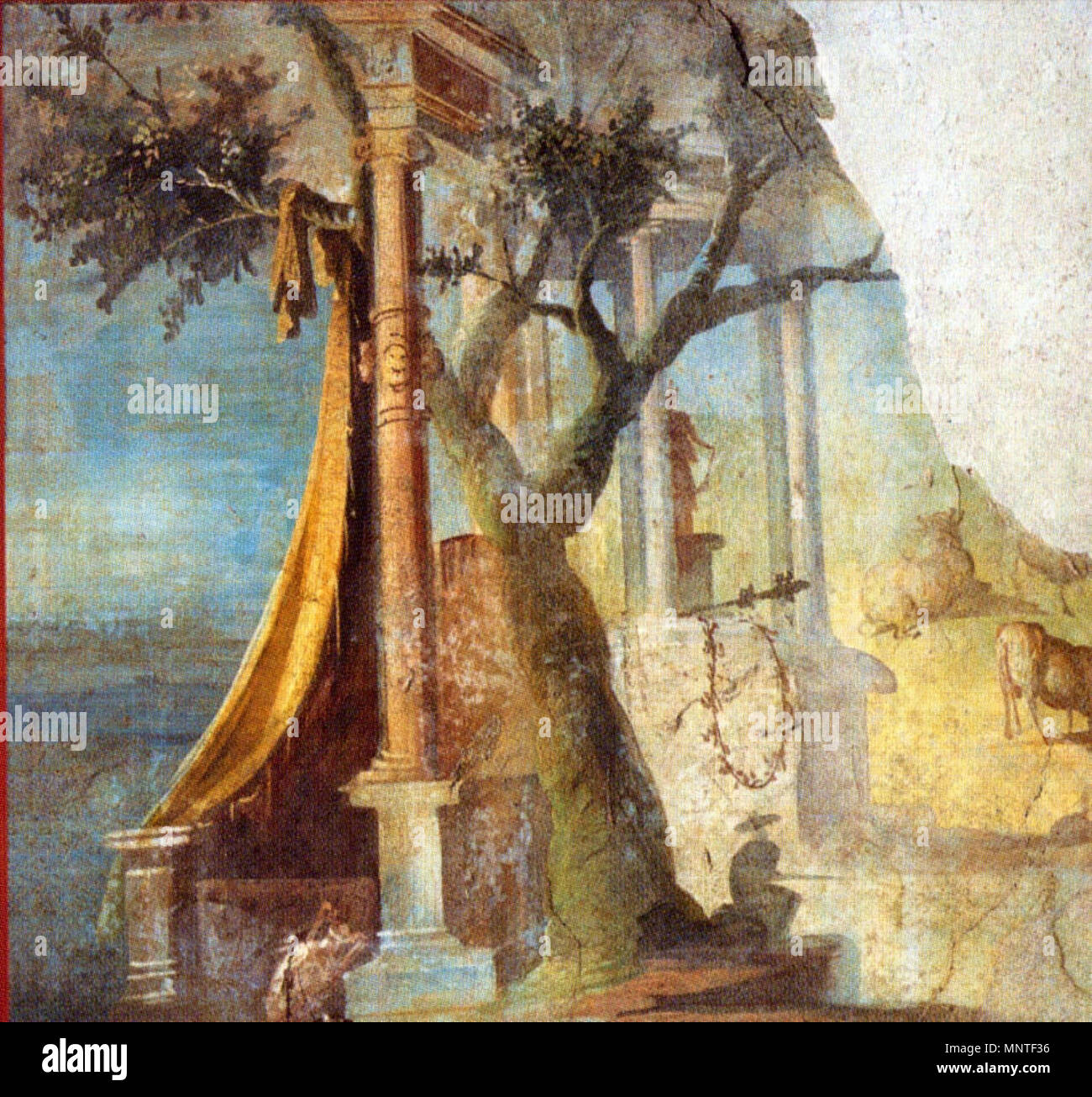 . Italiano : L'fresque che ritrae una Porta sacra con albero e tenda e un tempietto contenente una statua sullo sfondo, rinvenuto nell'Ekklesiasterion del Tempio di Iside a Pompei, è esposto nel Museo Archeologico Nazionale di Napoli (inv. 8558) (cat. 1,67). Anglais : Paysage. Fresque romaine du temple d'Isis à Pompéi. Museo Archeologico Nazionale (Naples) (inv. n° 8. 8558). Deutsch : Landschaft. Römisches Fresko aus dem Tempel der Isis dans Pompeji. Museo Archeologico Nazionale (Neapel) . 13 mars 2009. WolfgangRieger 1013 Pompéi - Temple d'Isis 3 - Homme Banque D'Images