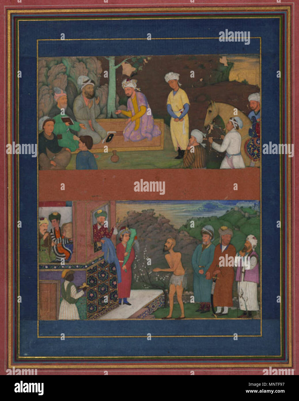 . Anglais : Page enluminée du Gulistan de Sa'di, Mughal début du 17e siècle Cette page comprend deux illustrations de l'ouverture du chapitre intitulé "La conduite des Rois." Le registre inférieur montre un roi qui avait donné une grosse somme d'argent à un mendiant qui a dilapidé et ensuite retourné pour plus. Au début, le roi a refusé le mendiant de l'argent supplémentaire, mais son ministre lui a conseillé de remettre le pauvre homme une allocation en plusieurs fois pour ne pas gaspiller. Cette anecdote a pour but d'illustrer que l'on ne doit pas rendre quelqu'un espère par un acte de gentillesse sans bornes et puis dash Banque D'Images