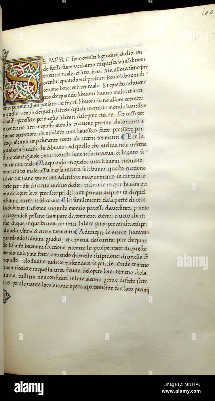 Grégoire le Grand. 'Feuilles de Moralia dans Job, ca. 1480, la peinture et encre rouge, vert et bleu de la feuille d'or sur du parchemin. Walters Art Museum (W.338.100R) : acquis par Henry Walters. W.338.100R 1013 le Pape Grégoire I - Feuilles de Moralia dans Job - Walters W338100R - Avers ouvert Banque D'Images