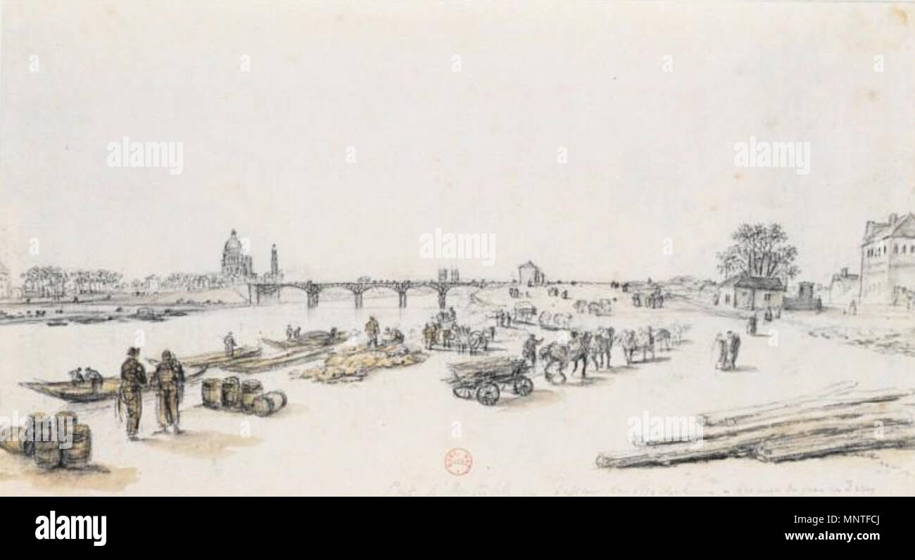 Français : La Porte de Bercy, Paris, par Georges Michel (1763-1843). En  arrière-plan, le pont d'Austerlitz. Dessin au fusain et rehauts  d'aquarelle, 16,5 x 29,6 cm, en provenance de la collection