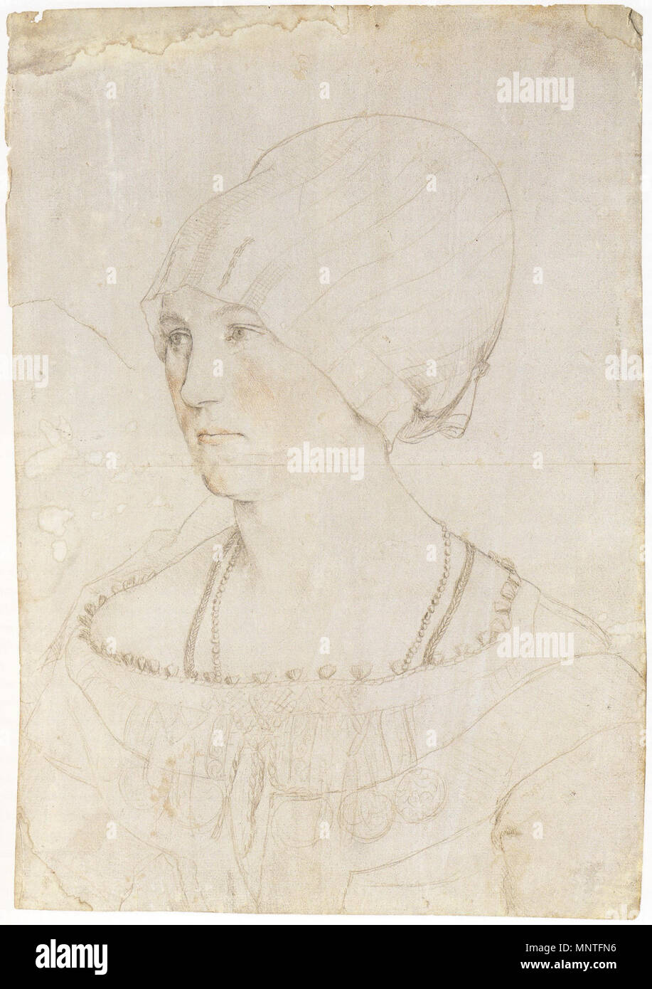 . Anglais : Portrait de Dorothea Meyer, née Kannengiesser. Silverpoint, craie rouge et traces de crayon noir sur papier blanc, ch. 28,6 (à gauche), 29,3 (à droite), × 20,1 cm, Kunstmuseum, Bâle. L'utilisation d'Holbein silverpoint dans ce début de dessin suit celui de son père, Hans Holbein l'ancien, un portraitiste de talent lui-même. Bien que la jeune Holbein allait devenir un portraitiste prolifique et célèbre à Londres, il a produit relativement peu de portraits à Bâle. Jakob Meyer, un haut fonctionnaire et autrefois maire de Bâle, est devenu l'un des plus importants du Holbein début de mécènes, la mise en service d'un Banque D'Images