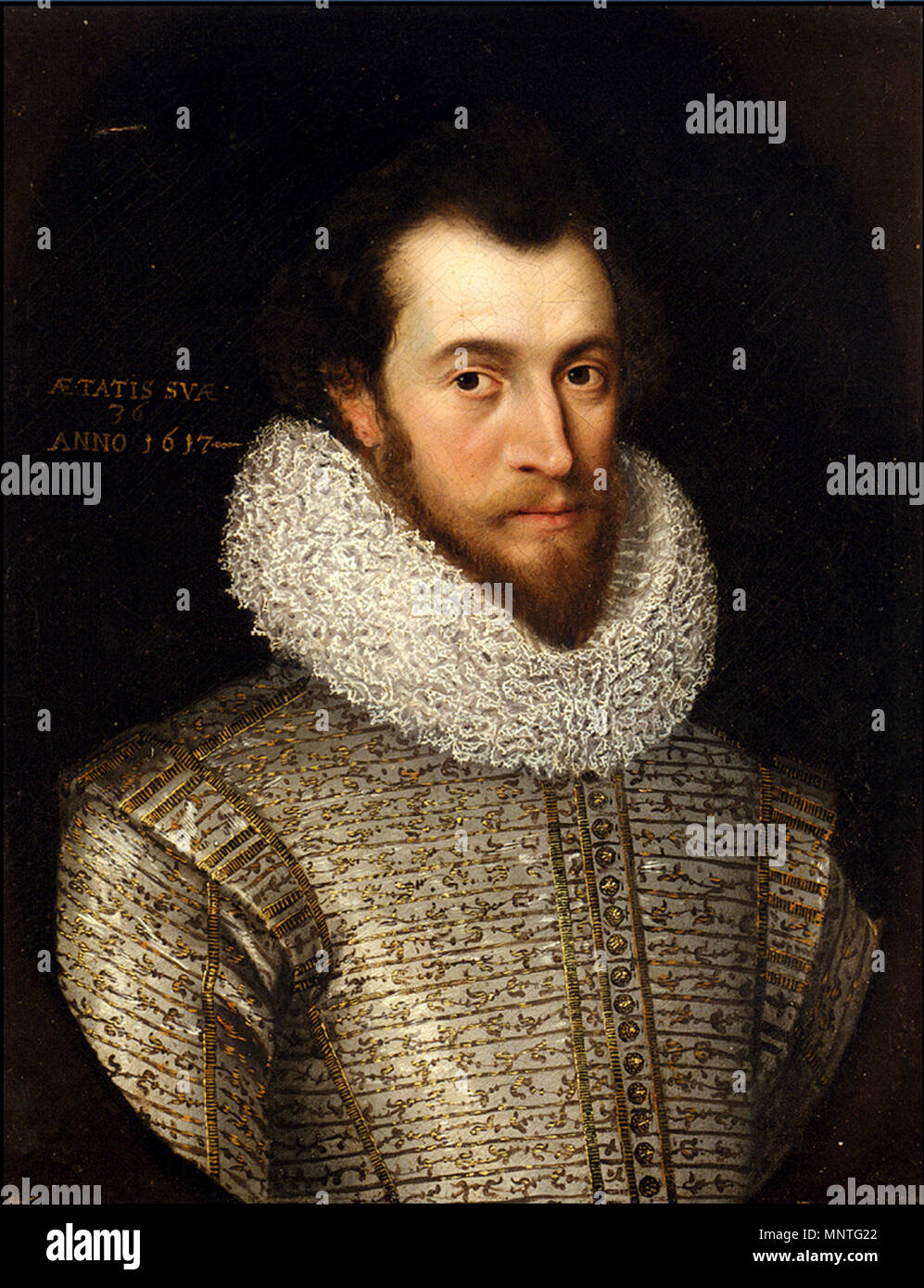 . Portrait d'un homme de 36 ans, huile sur toile 24 3/4 x 19 5/8 pouces (63 x 50 cm). La source décrit cette image comme "l'aide à Robert Devereux, 3e comte d'Essex' (11 janvier 1591 - 14 septembre 1646), qui ne coïncide pas avec la date et l'âge de la gardienne dans l'inscription. L'attribution de source à la catégorie:William Larkin est peu probable que la forme de l'inscription ne correspond pas à d'autres œuvres de Larkin. 1617 (par inscription). Inconnu 1017 Portrait d'un homme de 36 ans 1617 Banque D'Images