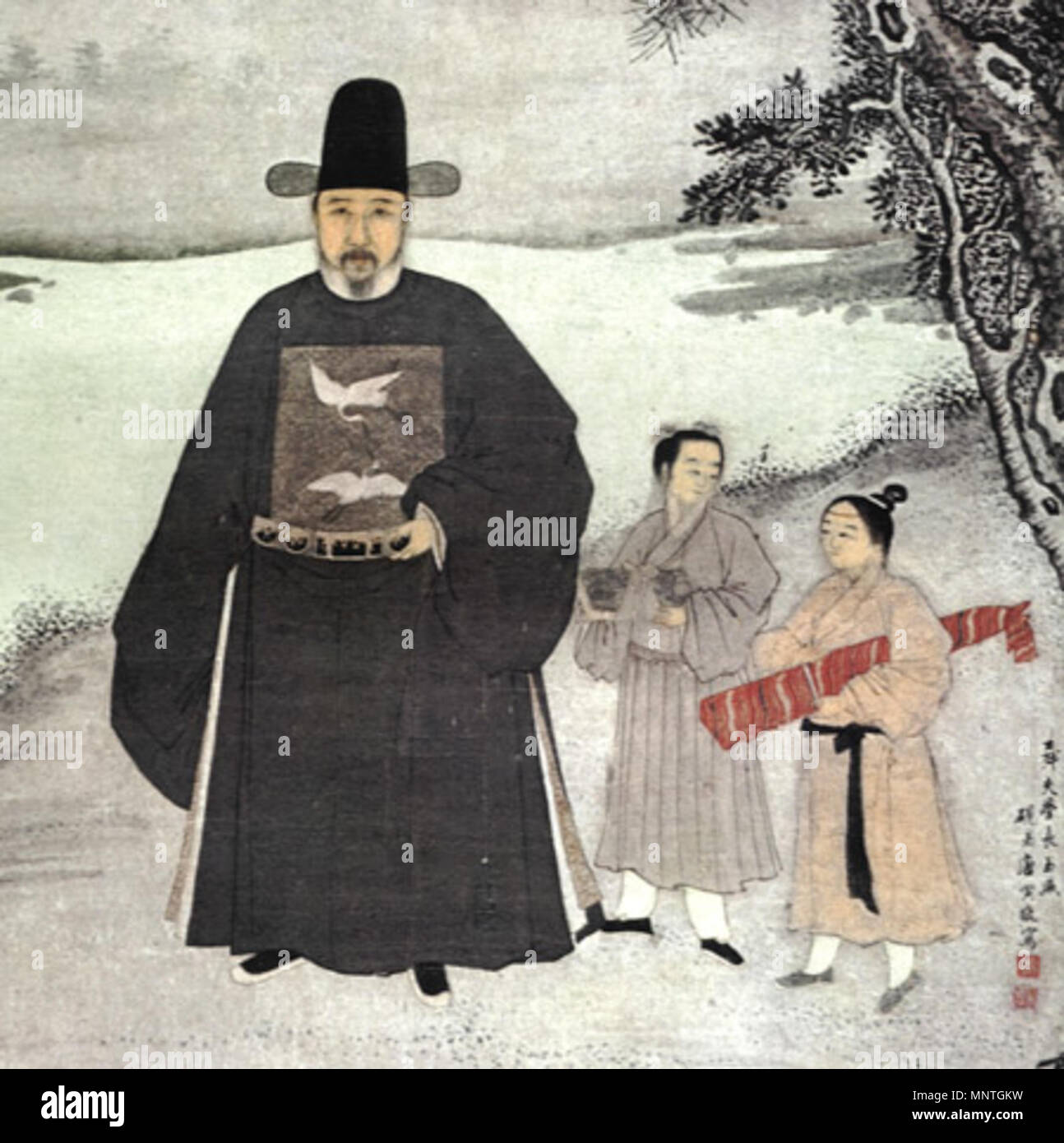 Renwuxiaoxiang huaxuan Mingqing(Nanjing : Shanghai Bowuguan, 1979), pl. 16. Portrait de Ming Jiang Shunfu. détail. . La Dynastie Ming, un portrait de l'Officiel Chinois Jiang Shunfu (1453-1504), maintenant dans le musée de Nanjing. La décoration de deux grues sur sa poitrine sont d'un rang "badge" qui indiquent qu'il était un fonctionnaire civil de la sixième grade ; se reporter à la page 282 de l'édition de poche de Frédérick e Grasser-hermé Patricia de Cambridge Illustrated History of China. Fin du 15ème siècle. 1019 Anonyme Portrait de Jiang Shunfu Banque D'Images