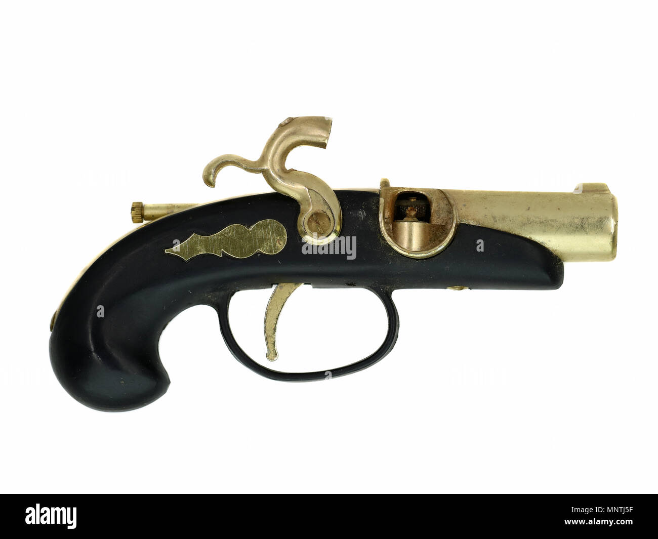 Vieux pistolet doré isolé sur fond blanc Banque D'Images