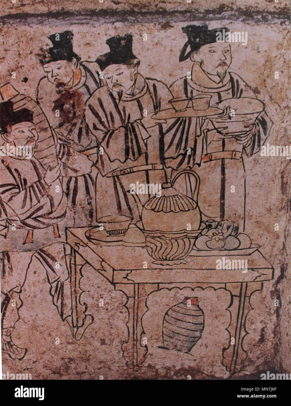 . Anglais : préparation des boissons, de la tombe de Aohan murale, Dynastie Liao : 南塔子乡下湾子 号墓墓室东南壁5中文，备饮图，辽代壁画，敖汉旗博物馆藏 . Dynastie Liao. 1027 La préparation de boissons, inconnu de murales dans tombeau Aohan, Dynastie Liao Banque D'Images