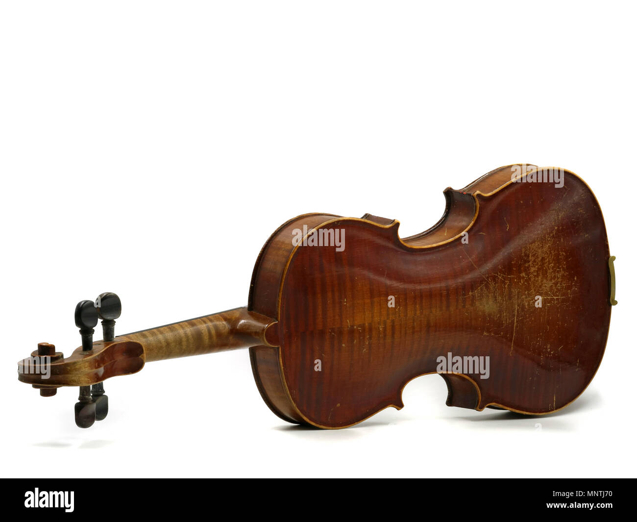 Retour d'un vieux violon en bois rayé isolé sur fond blanc Banque D'Images