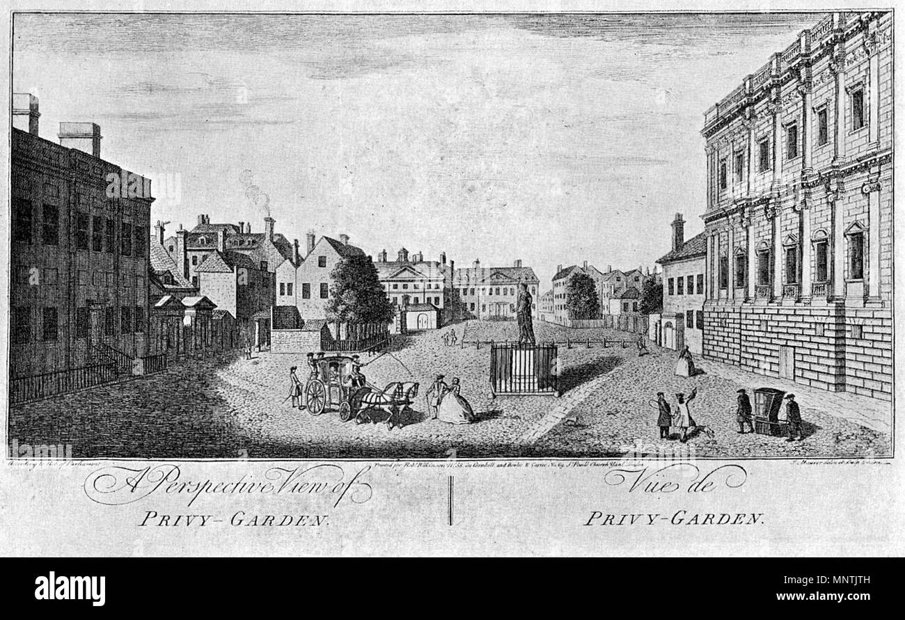 . Anglais : jardins privé en 1741, montrant aussi la statue de James II qui est maintenant à Trafalgar Square . 1741. J. Maurier 1030 jardins privé 1741 - J Maurier Banque D'Images