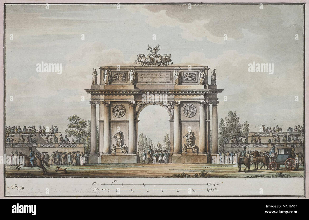 Anglais : Portes de Narva à Saint-Pétersbourg. Façade principale avec Нарвские ворота est Русский : в Санкт-Петербурге. Фасад частью трибун Главный с 1814. Giacomo Quarenghi 1034 Quarenghi - Narva Gate à Saint-Pétersbourg. Façade principale avec des stands Banque D'Images